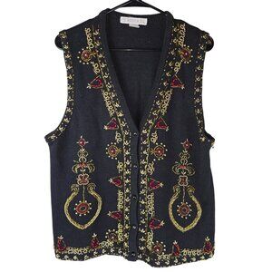 Vintage Claudia D. Black Knit Vest Red & Gold Bead Embellishments 1996 Holiday